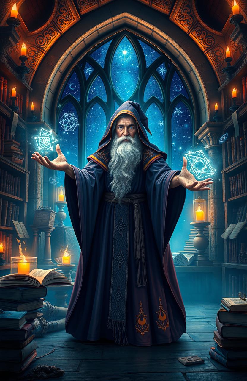 A stunning wizard tale, featuring a wise old wizard in flowing robes standing in an ancient, torch-lit library filled with mystical scrolls, arcane symbols, and floating books