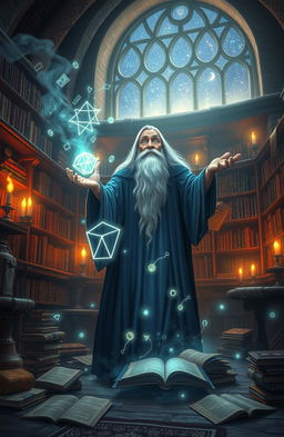 A stunning wizard tale, featuring a wise old wizard in flowing robes standing in an ancient, torch-lit library filled with mystical scrolls, arcane symbols, and floating books