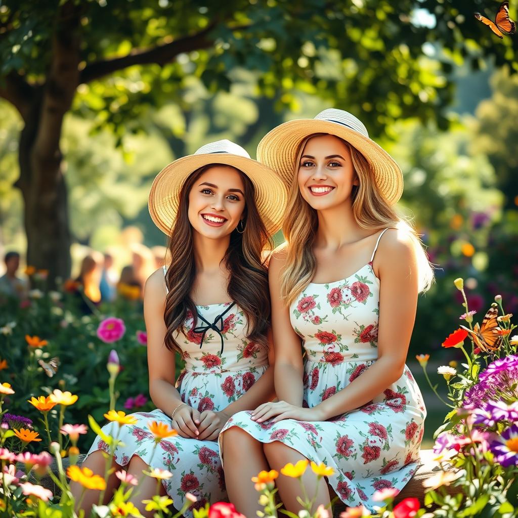 two young adult women, around 18 years old, portrayed in a tasteful manner, sitting in a serene environment