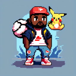 Pixel art of Kanye West as a Pokémon trainer with Yeezy Boost sneakers, distressed jeans, white tee, holding a Poké Ball against a gradient blue background.