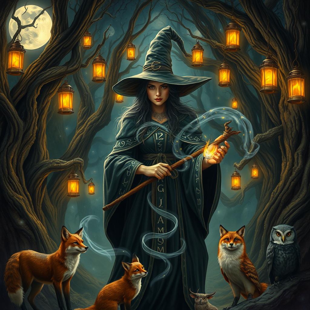 A stunning witch tale, depicting a powerful and mysterious witch in an enchanting forest setting