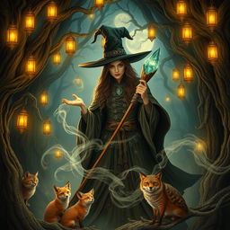 A stunning witch tale, depicting a powerful and mysterious witch in an enchanting forest setting