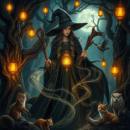 A stunning witch tale, depicting a powerful and mysterious witch in an enchanting forest setting