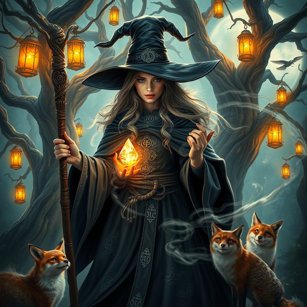 A stunning witch tale, depicting a powerful and mysterious witch in an enchanting forest setting