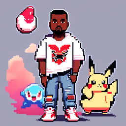 Pixel art of Kanye West as a Pokémon trainer with Yeezy Boost sneakers, distressed jeans, white tee, holding a Poké Ball against a gradient blue background.