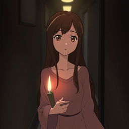 A Studio Ghibli inspired adult female character with long brown hair parted to the side and expressive brown eyes, walking through a dimly lit hallway