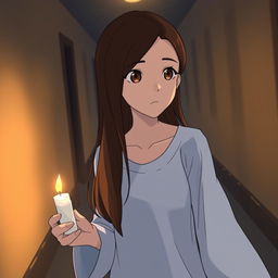 A Studio Ghibli inspired adult female character with long brown hair parted to the side and expressive brown eyes, walking through a dimly lit hallway