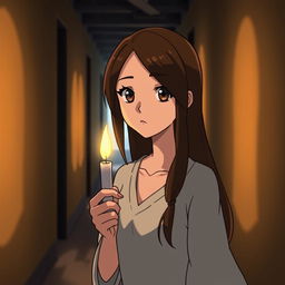 A Studio Ghibli inspired adult female character with long brown hair parted to the side and expressive brown eyes, walking through a dimly lit hallway