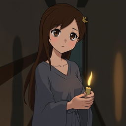 A Studio Ghibli inspired adult female character with long brown hair parted to the side and expressive brown eyes, walking through a dimly lit hallway