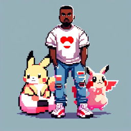 Pixel art of Kanye West as a Pokémon trainer with Yeezy Boost sneakers, distressed jeans, white tee, holding a Poké Ball against a gradient blue background.