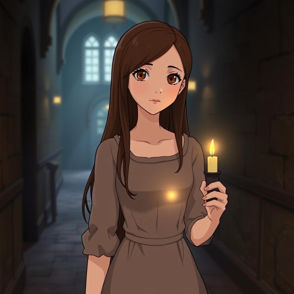 A Studio Ghibli inspired character, an adult woman with long brown hair parted to the side and brown eyes, wearing a simple Victorian era dress