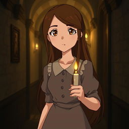 A Studio Ghibli inspired character, an adult woman with long brown hair parted to the side and brown eyes, wearing a simple Victorian era dress