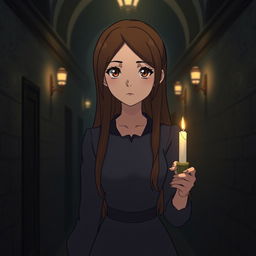 A Studio Ghibli inspired character, an adult woman with long brown hair parted to the side and brown eyes, wearing a simple Victorian era dress