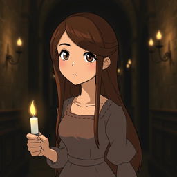 A Studio Ghibli inspired character, an adult woman with long brown hair parted to the side and brown eyes, wearing a simple Victorian era dress