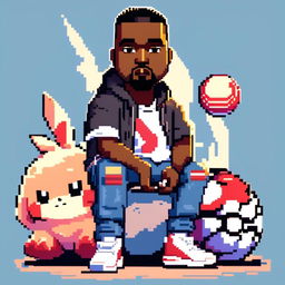 Pixel art of Kanye West as a Pokémon trainer with Yeezy Boost sneakers, distressed jeans, white tee, holding a Poké Ball against a gradient blue background.