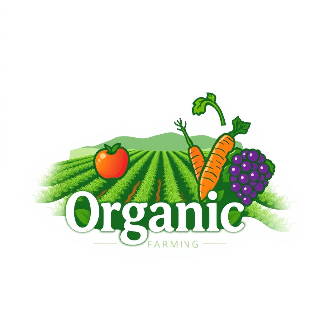 Logo design featuring a picturesque farm field with rows of crops under a bright sky, combined with fresh, vibrant fruits and vegetables like an apple, a carrot, and a bunch of grapes symbolizing organic farming and health-consciousness