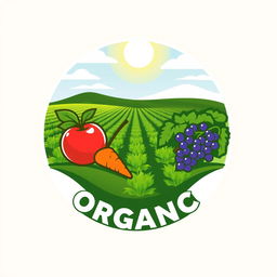 Logo design featuring a picturesque farm field with rows of crops under a bright sky, combined with fresh, vibrant fruits and vegetables like an apple, a carrot, and a bunch of grapes symbolizing organic farming and health-consciousness