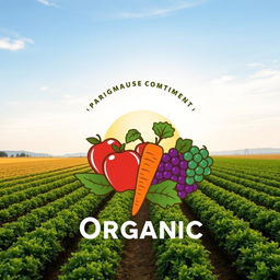 Logo design featuring a picturesque farm field with rows of crops under a bright sky, combined with fresh, vibrant fruits and vegetables like an apple, a carrot, and a bunch of grapes symbolizing organic farming and health-consciousness