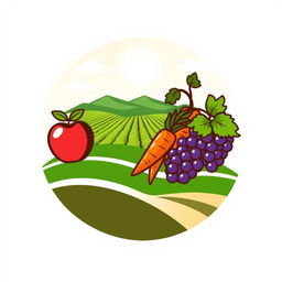 Logo design featuring a picturesque farm field with rows of crops under a bright sky, combined with fresh, vibrant fruits and vegetables like an apple, a carrot, and a bunch of grapes symbolizing organic farming and health-consciousness