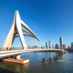 An impressive modern bridge in a bustling Chinese city