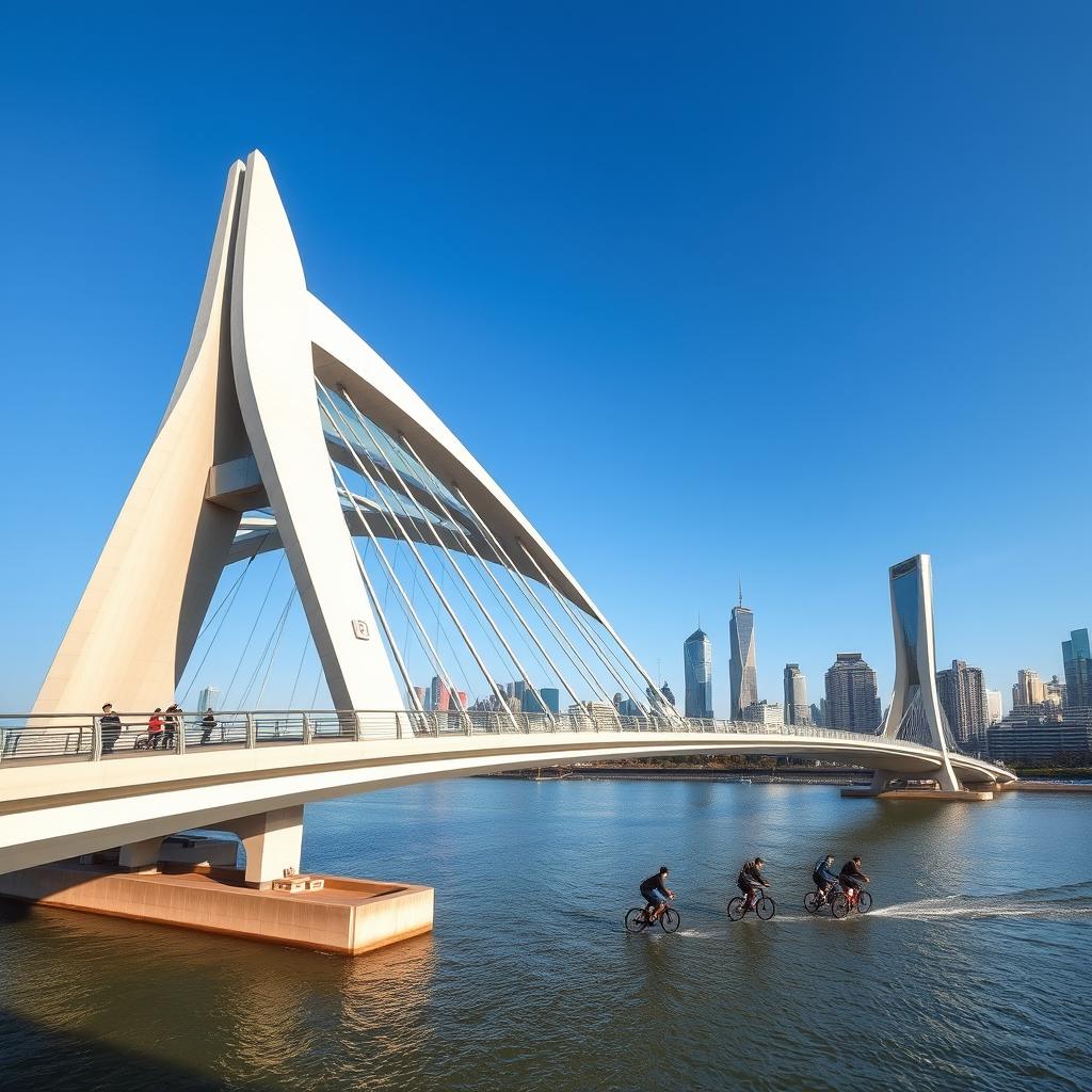 An impressive modern bridge in a bustling Chinese city