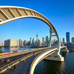 An impressive modern bridge in a bustling Chinese city