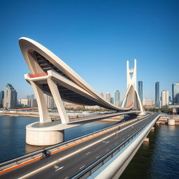 An impressive modern bridge in a bustling Chinese city