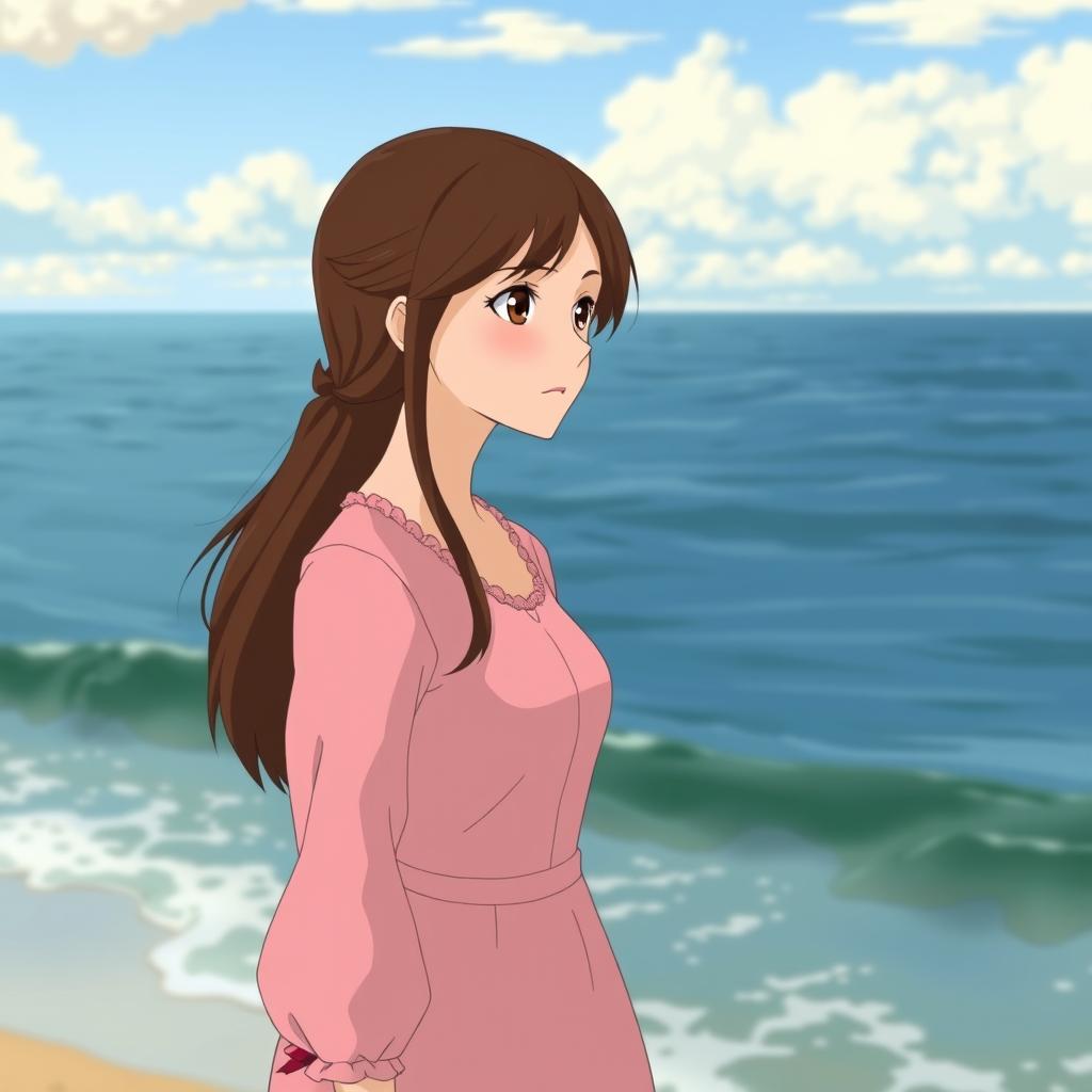 A Studio Ghibli inspired character, an adult woman with long brown hair parted to the side and brown eyes, wearing a simple pink Victorian era dress