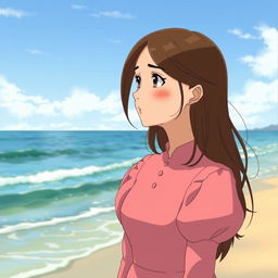 A Studio Ghibli inspired character, an adult woman with long brown hair parted to the side and brown eyes, wearing a simple pink Victorian era dress