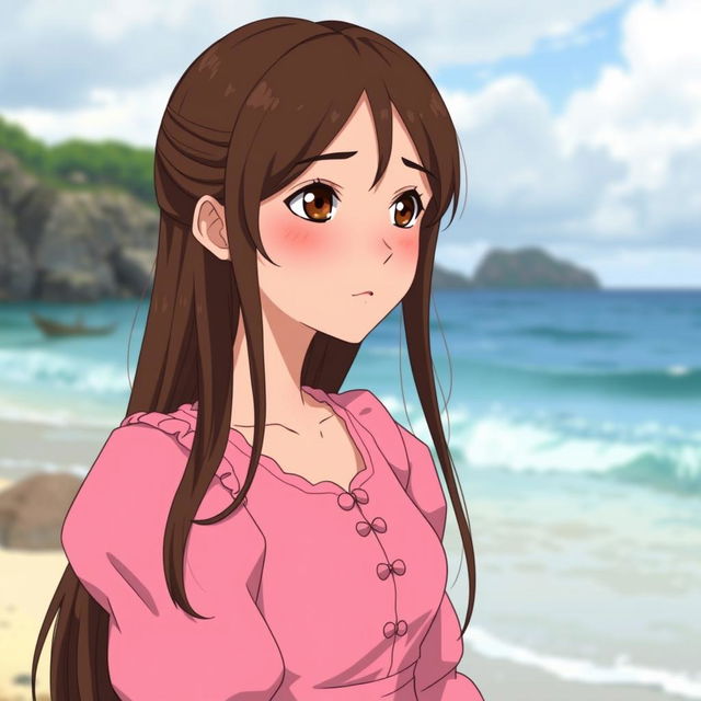 A Studio Ghibli inspired character, an adult woman with long brown hair parted to the side and brown eyes, wearing a simple pink Victorian era dress