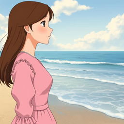 A Studio Ghibli inspired character, an adult woman with long brown hair parted to the side and brown eyes, wearing a simple pink Victorian era dress