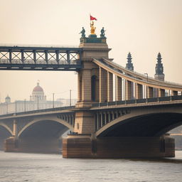 A historical bridge in a Soviet Union-era city, showcasing the utilitarian yet grand architectural style of that period