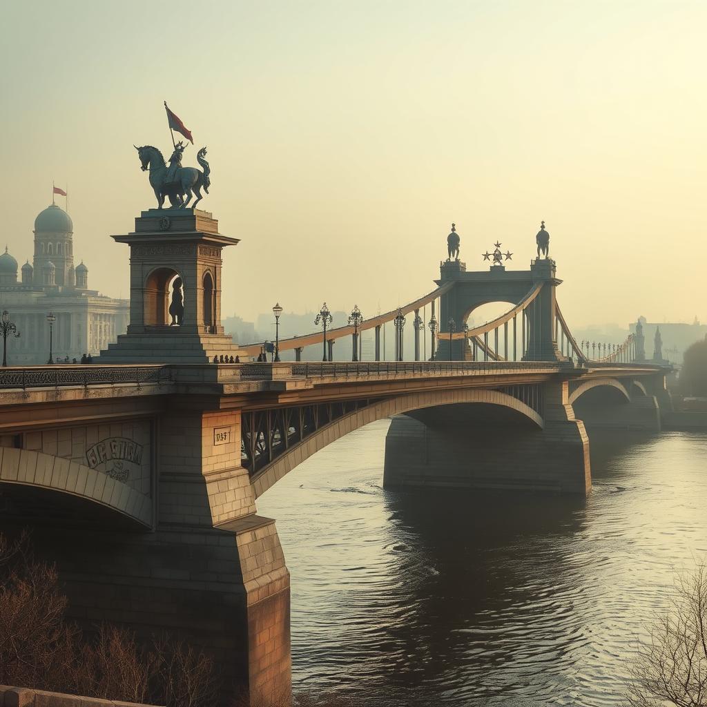 A historical bridge in a Soviet Union-era city, showcasing the utilitarian yet grand architectural style of that period