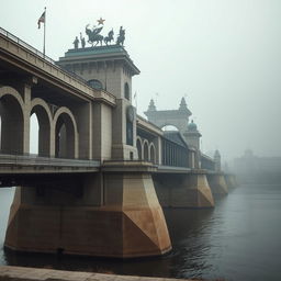 A historical bridge in a Soviet Union-era city, showcasing the utilitarian yet grand architectural style of that period