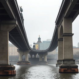 A historical bridge in a Soviet Union-era city, showcasing the utilitarian yet grand architectural style of that period