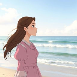 A Studio Ghibli inspired character, an adult woman with long brown hair parted to the side and brown eyes, wearing a simple pink and white Victorian era dress