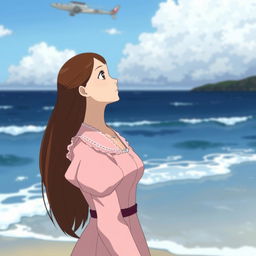 A Studio Ghibli inspired character, an adult woman with long brown hair parted to the side and brown eyes, wearing a simple pink and white Victorian era dress