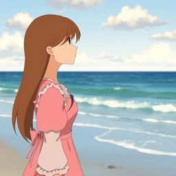 A Studio Ghibli inspired character, an adult woman with long brown hair parted to the side and brown eyes, wearing a simple pink and white Victorian era dress