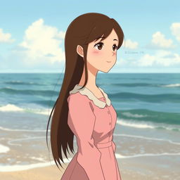 A Studio Ghibli inspired character, an adult woman with long brown hair parted to the side and brown eyes, wearing a simple pink and white Victorian era dress