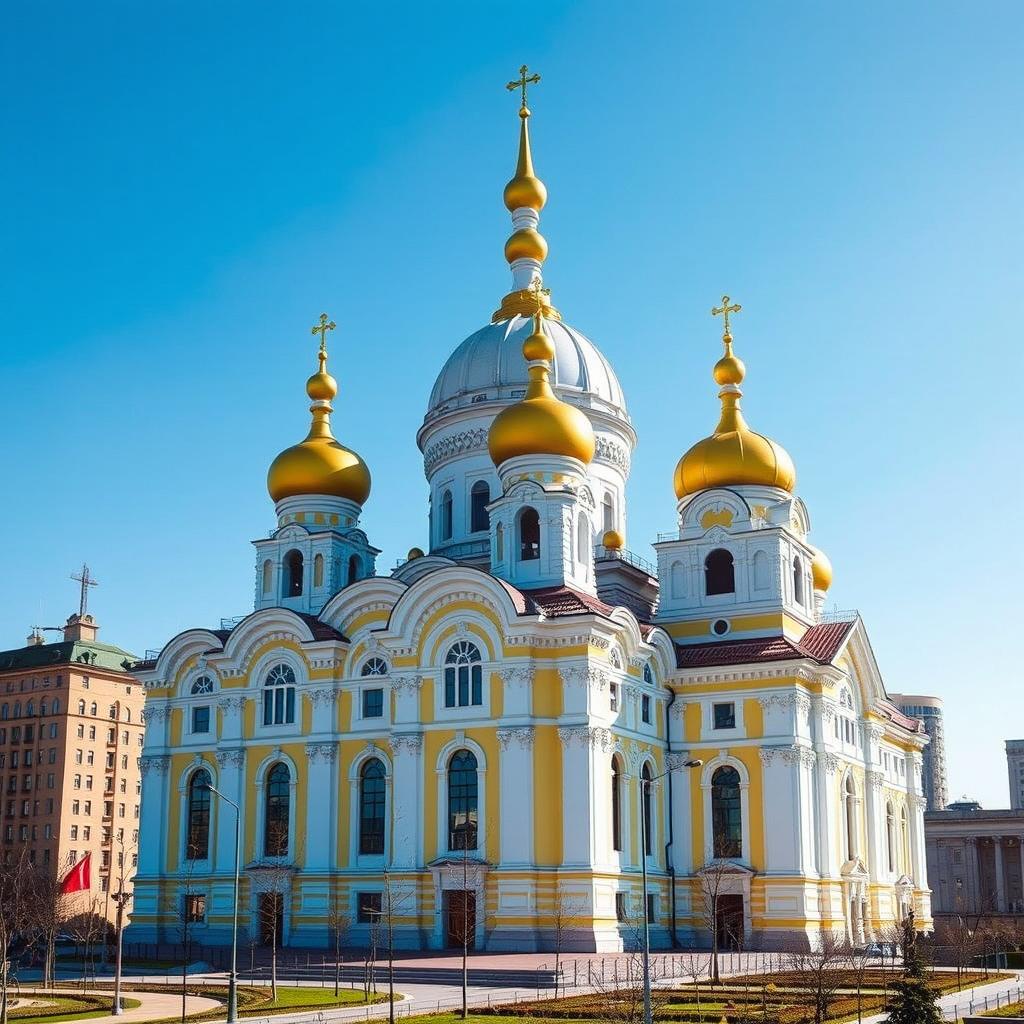 A stunning basilica in a Soviet Union-era city, featuring a grand architectural style typical of the period, with a unique white and yellow color scheme