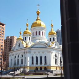 A stunning basilica in a Soviet Union-era city, featuring a grand architectural style typical of the period, with a unique white and yellow color scheme