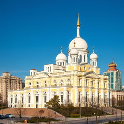 A stunning basilica in a Soviet Union-era city, featuring a grand architectural style typical of the period, with a unique white and yellow color scheme