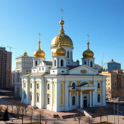 A stunning basilica in a Soviet Union-era city, featuring a grand architectural style typical of the period, with a unique white and yellow color scheme