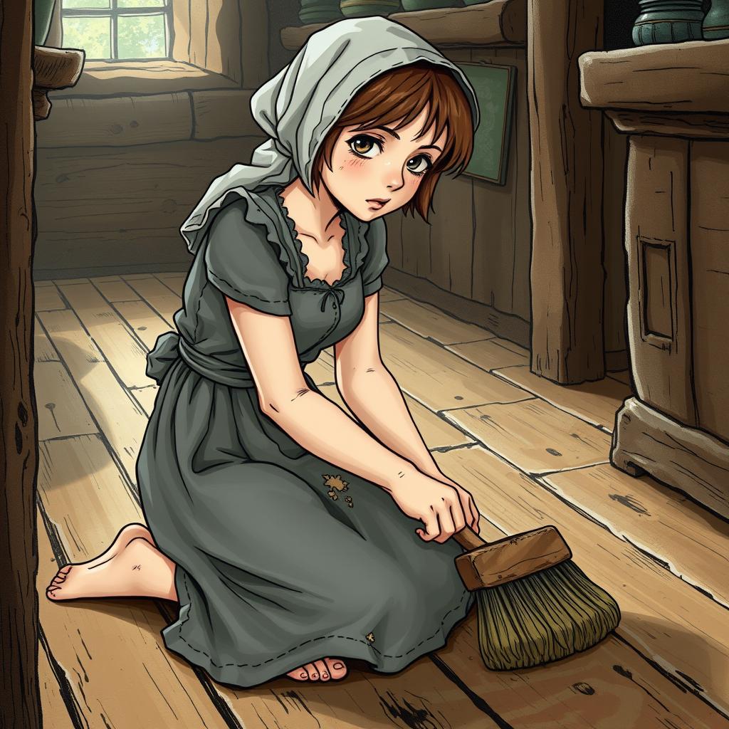 Young maid of 18 years old kneeling on the floor scrubbing the tavern's floor with a brush