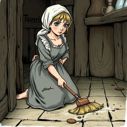 Young maid of 18 years old kneeling on the floor scrubbing the tavern's floor with a brush