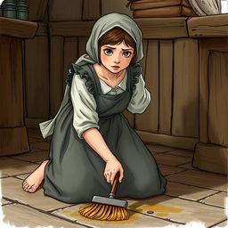 Young maid of 18 years old kneeling on the floor scrubbing the tavern's floor with a brush