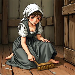 Young maid of 18 years old kneeling on the floor scrubbing the tavern's floor with a brush