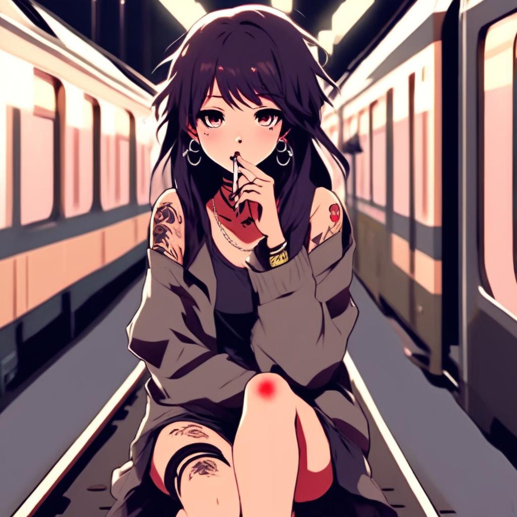 Anime grunge girl with face tattoos smoking a cigarette on an empty train platform at night.