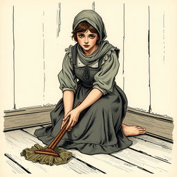 An 18-year-old scullery maid sitting on the floor while scrubbing the inn's floor with a rag