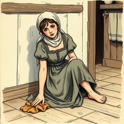 An 18-year-old scullery maid sitting on the floor while scrubbing the inn's floor with a rag